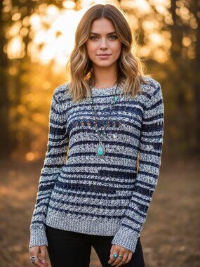 Caslon M Sweater Blue White Stitchy Marled Preppy Academia Coastal Cozy Mod